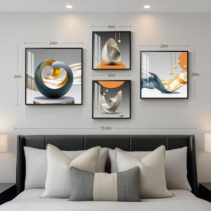 Framed Modern Wall Art Set by [Brand Name] - Abstract Luxury Geometric Prints | Contemporary Orange, Gray & Gold Decor for Living Room, Bedroom & Office