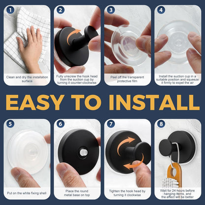 Skiennix Large Suction Cup Hooks - Reusable No-Drill Bathroom Towel Hooks | 4 Pack in Matte Black