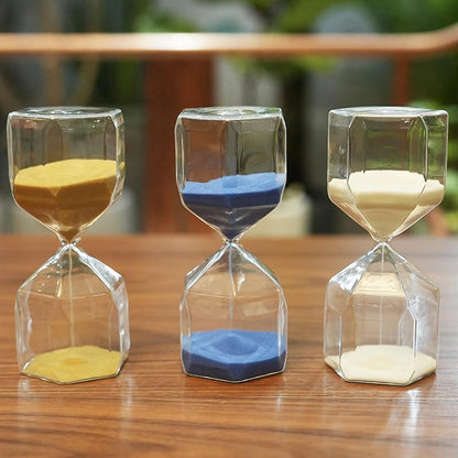 15 Minute Hexagonal Diamond Shape Hourglass Timer, High Borosilicate Glass Desk Clock – White Variation
