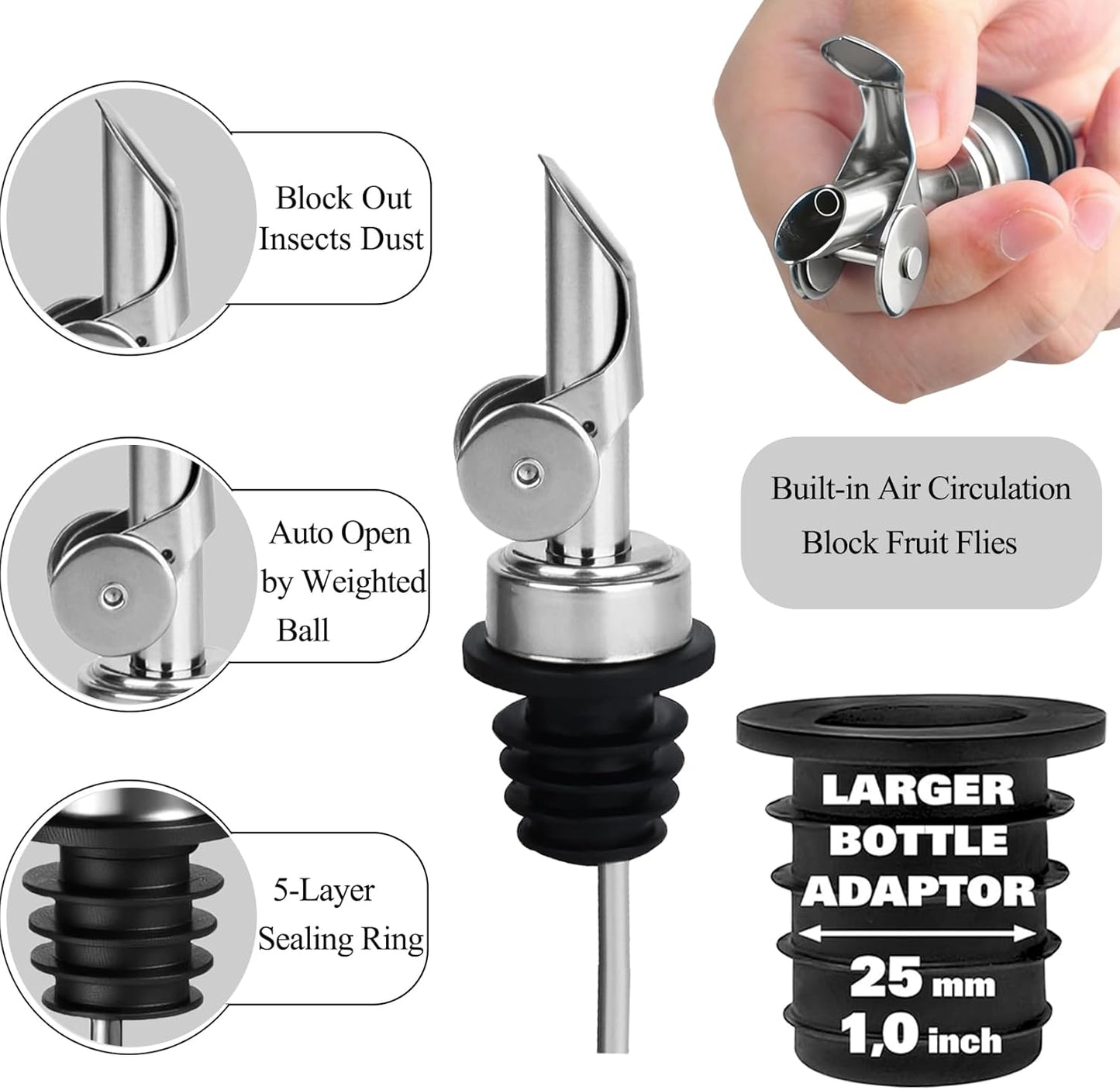 Pafusen Olive Oil Pour Spout with Adapters, Oils Pourer for Olive Oil Dispenser Bottle, Easily Turn Your Bottles into Dispensers for Liquor,Oils,Bottle Pourers (Sliver, 3 Pack Pour +Adapters)