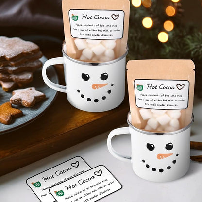 6-Piece Christmas Hot Cocoa Gift Set with Snowman Enamel Mugs, Kraft Pouches & Labels