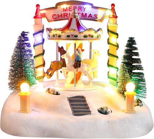 Bdor Christmas Carousel Decoration - Lighted Musical Merry-Go-Round with Reindeer & Trees - 7.5"x5.5"x6" Holiday Centerpiece