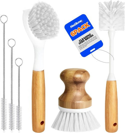 Holikme Dish Brush Set - 6 Pack with Long Handle, Bottle Brush & Palm Scrub for Easy Cleaning | White