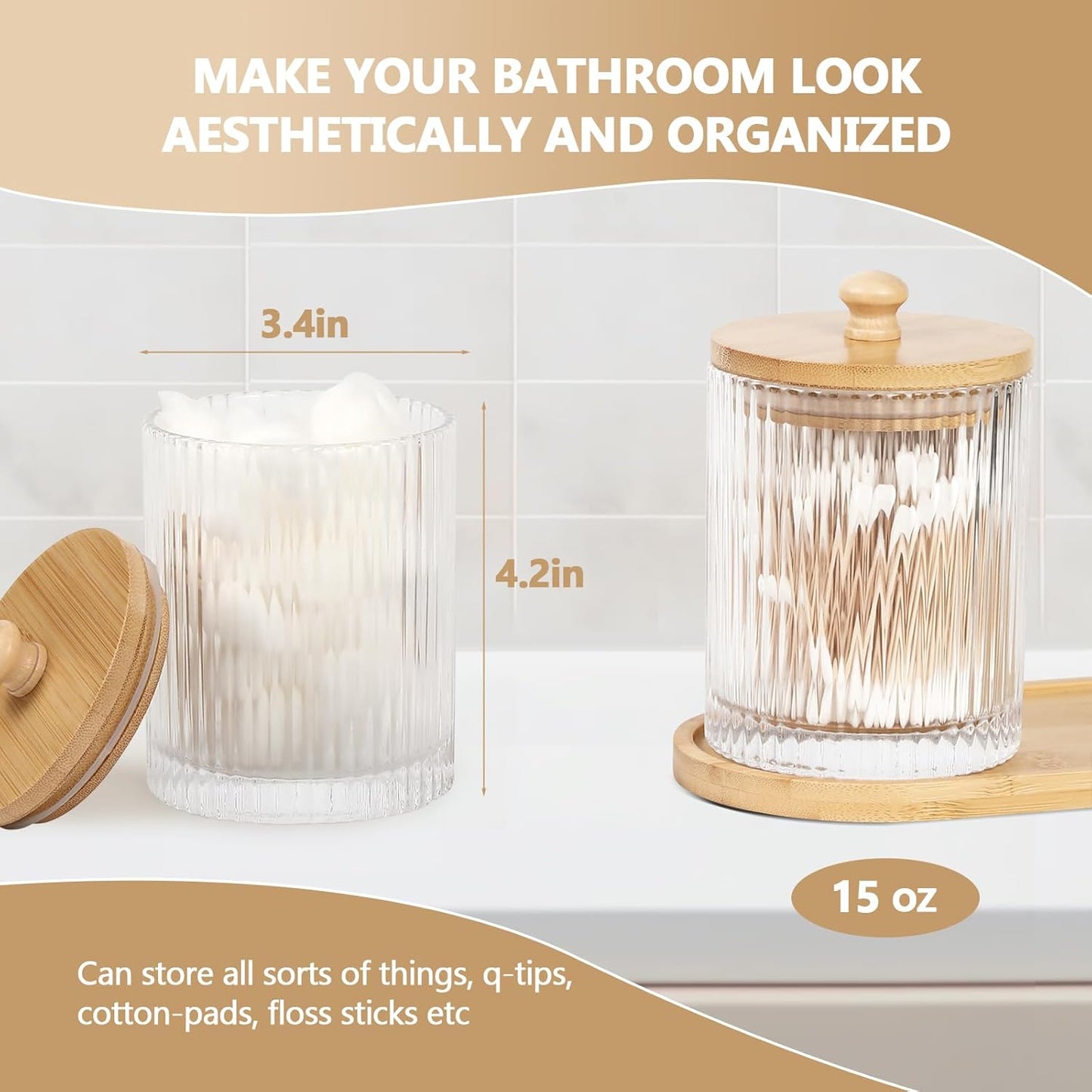 Skiennix 3-Pack Qtip Holder - Elegant Bathroom Organizer Set with Glass Jars & Tray