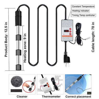Skiennix 1500W Immersion Water Heater - Portable 304SS Submersible Heater with Digital Timer & Auto Shut-Off