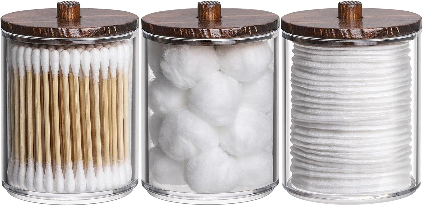 Tbestmax Cotton Swab Holder - Clear Apothecary Jar with Brown Wood Lids | 3 Pack Bathroom Storage