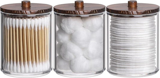 Tbestmax Cotton Swab Holder - Clear Apothecary Jar with Brown Wood Lids | 3 Pack Bathroom Storage