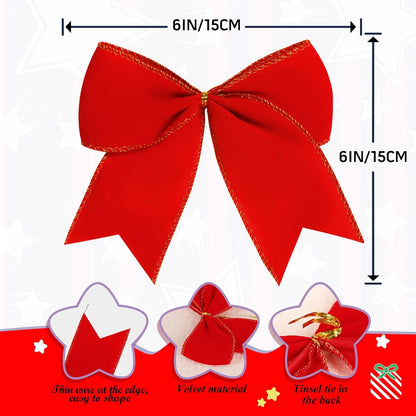 Regine Switzerland 12Pcs Red Velvet Bows - 6 Inch Christmas Tree Decorations for Holiday Decor