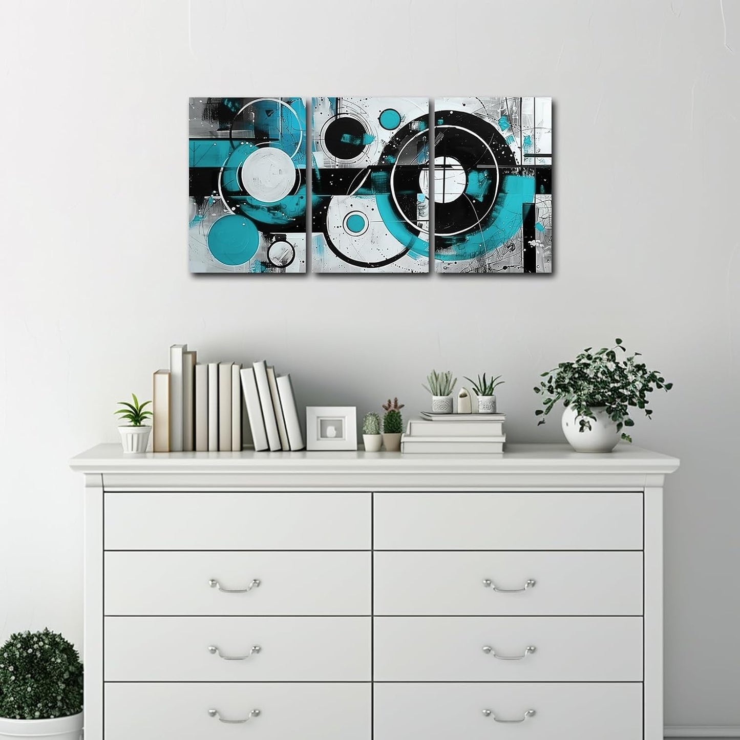 SWQYLB Teal Abstract Wall Art - Blue & Gray Geometric Canvas Print Set | Framed 12" x 16" x 3 Pieces for Home Decor