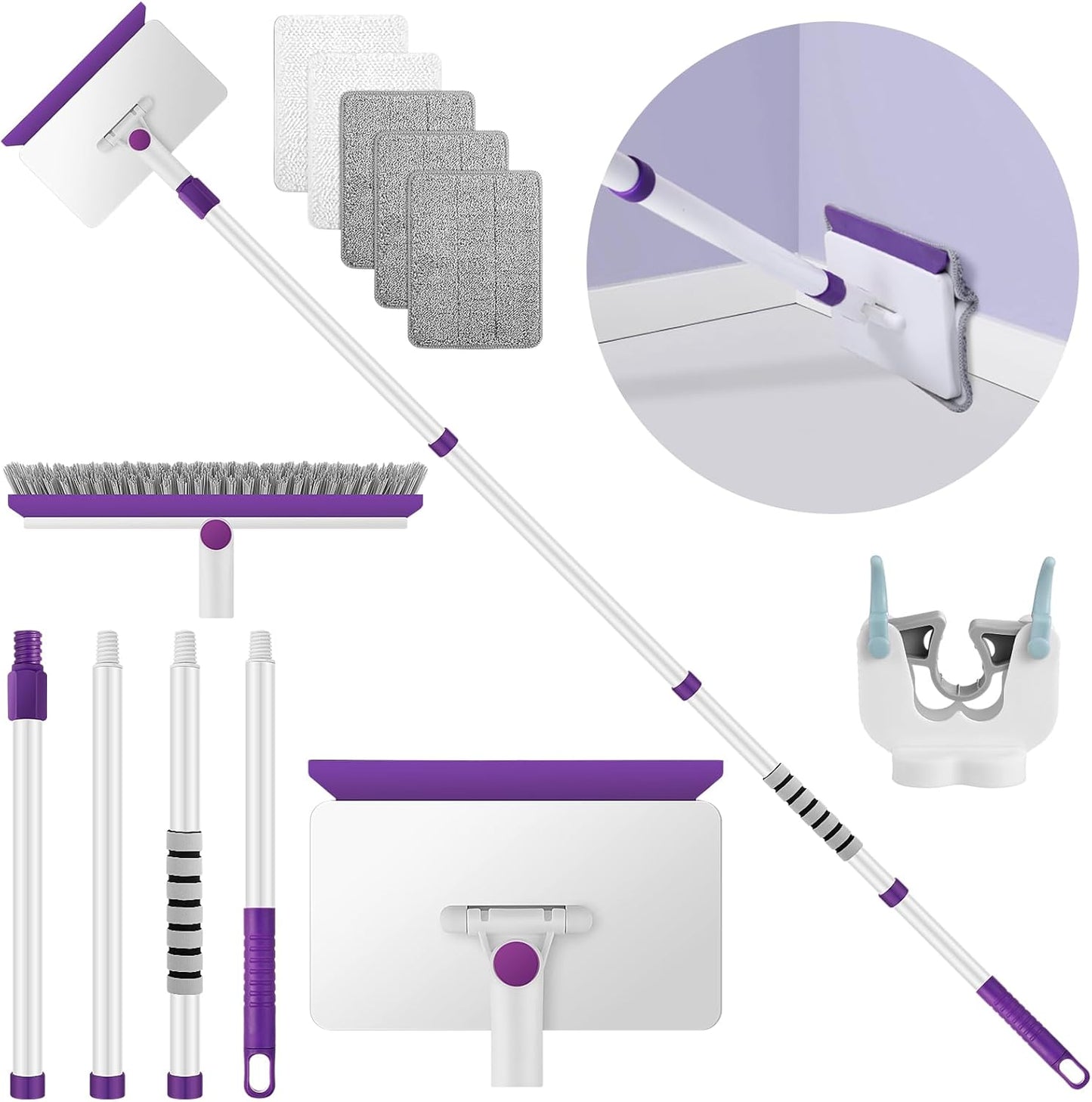 Skiennix Baseboard Cleaner Tool - 60" Extendable Handle with 5 Reusable Pads for Easy Cleaning