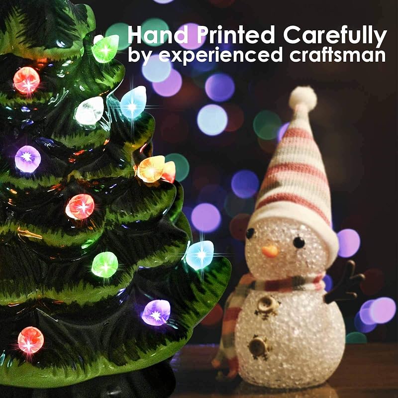 8” Hand-Painted Ceramic Christmas Tree with 32 Lights, 4H Timer - Green