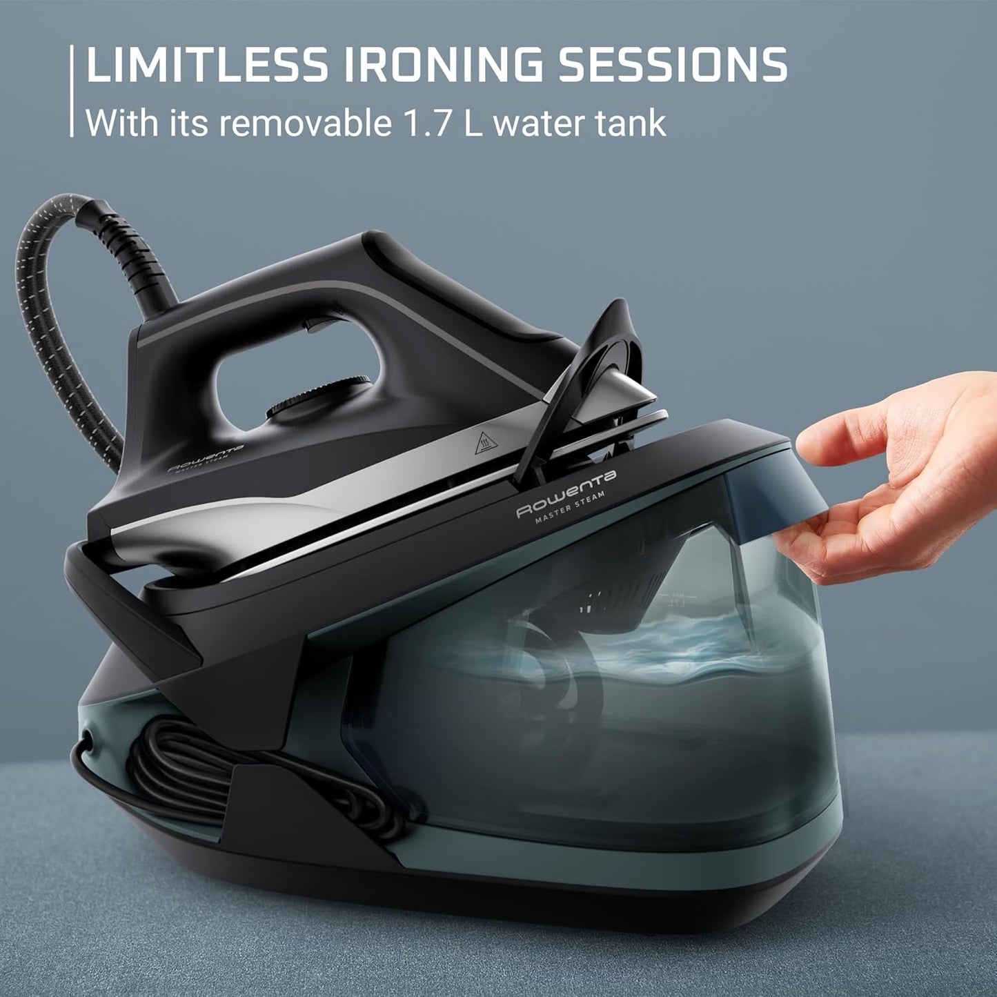 Rowenta Master Steam Station Iron | Professional Clothes Steamer with Stainless Steel Soleplate, 57 Oz, 1750 Watts, Black/Green