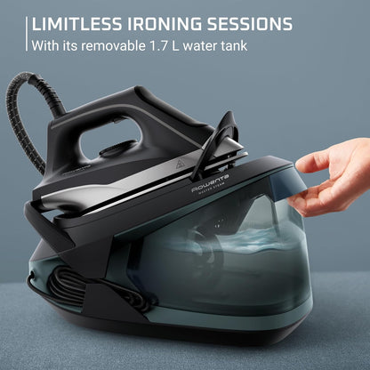 Rowenta Master Steam Station Iron | Professional Clothes Steamer with Stainless Steel Soleplate, 57 Oz, 1750 Watts, Black/Green