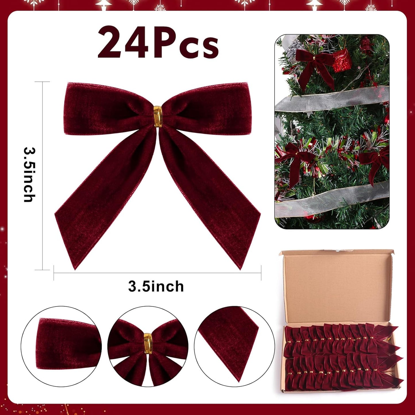 Utehilly Velvet Christmas Bows - 24 Pcs Burgundy Small Decorative Bows for Trees, Gifts & Crafts | 3.5 x 3.5 Inch