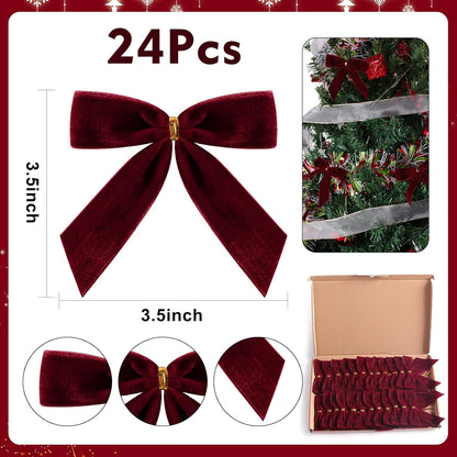 Utehilly Velvet Christmas Bows - 24 Pcs Burgundy Small Decorative Bows for Trees, Gifts & Crafts | 3.5 x 3.5 Inch