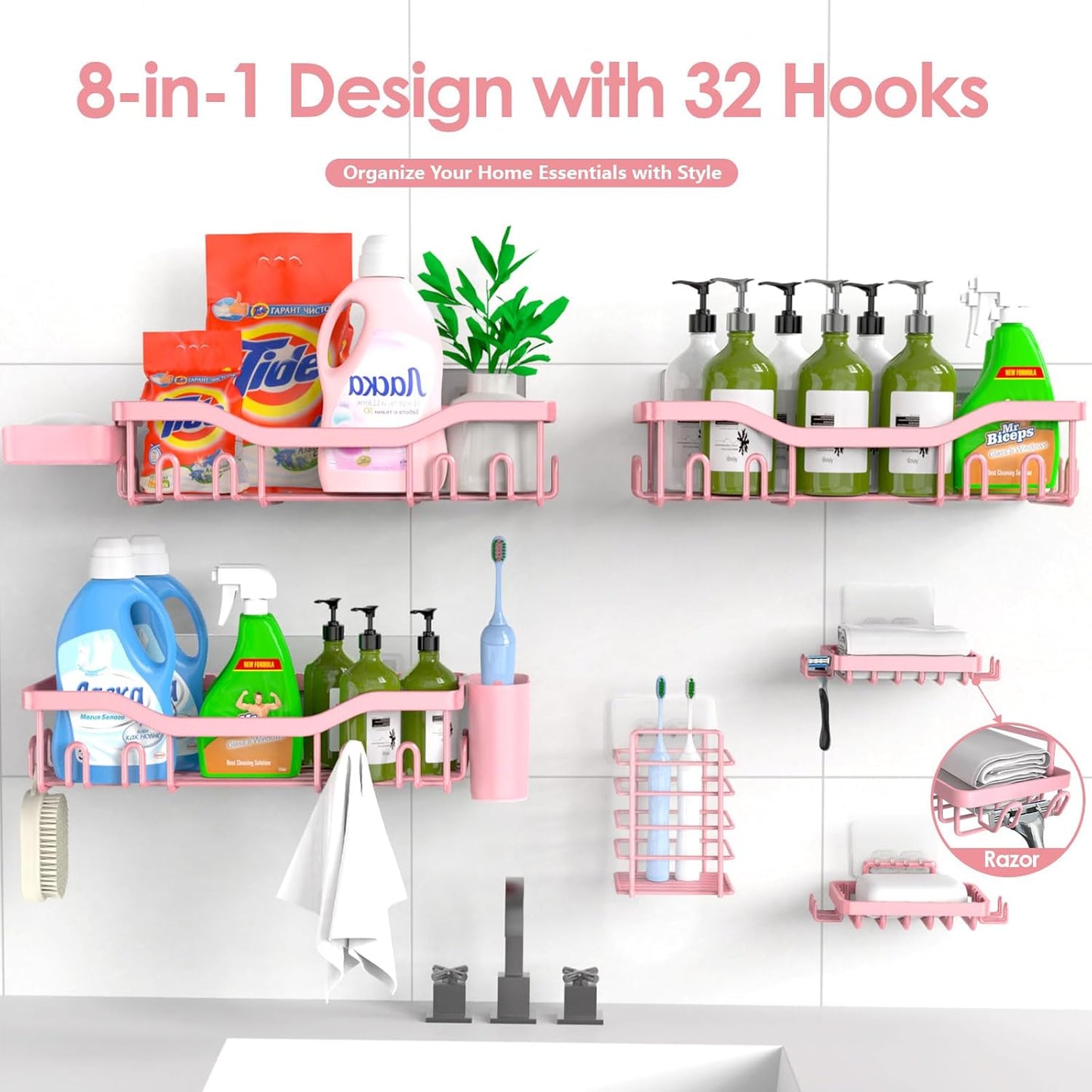 NESOMI Shower Caddy | Rustproof Stainless Steel Organizer - 8-Pack No-Drill Storage with Soap Dish & Hooks