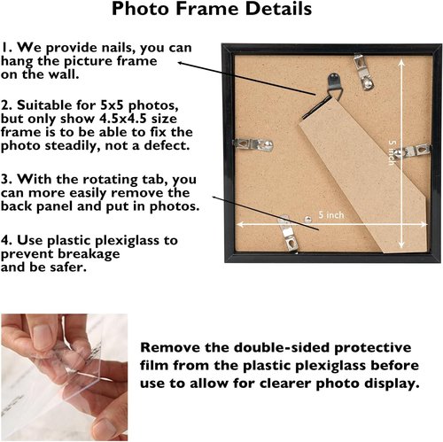 JCJMY 5x5 Picture Frame - Black Wall & Tabletop Display | Shatter-Resistant Plexiglass, Versatile Mounting Options