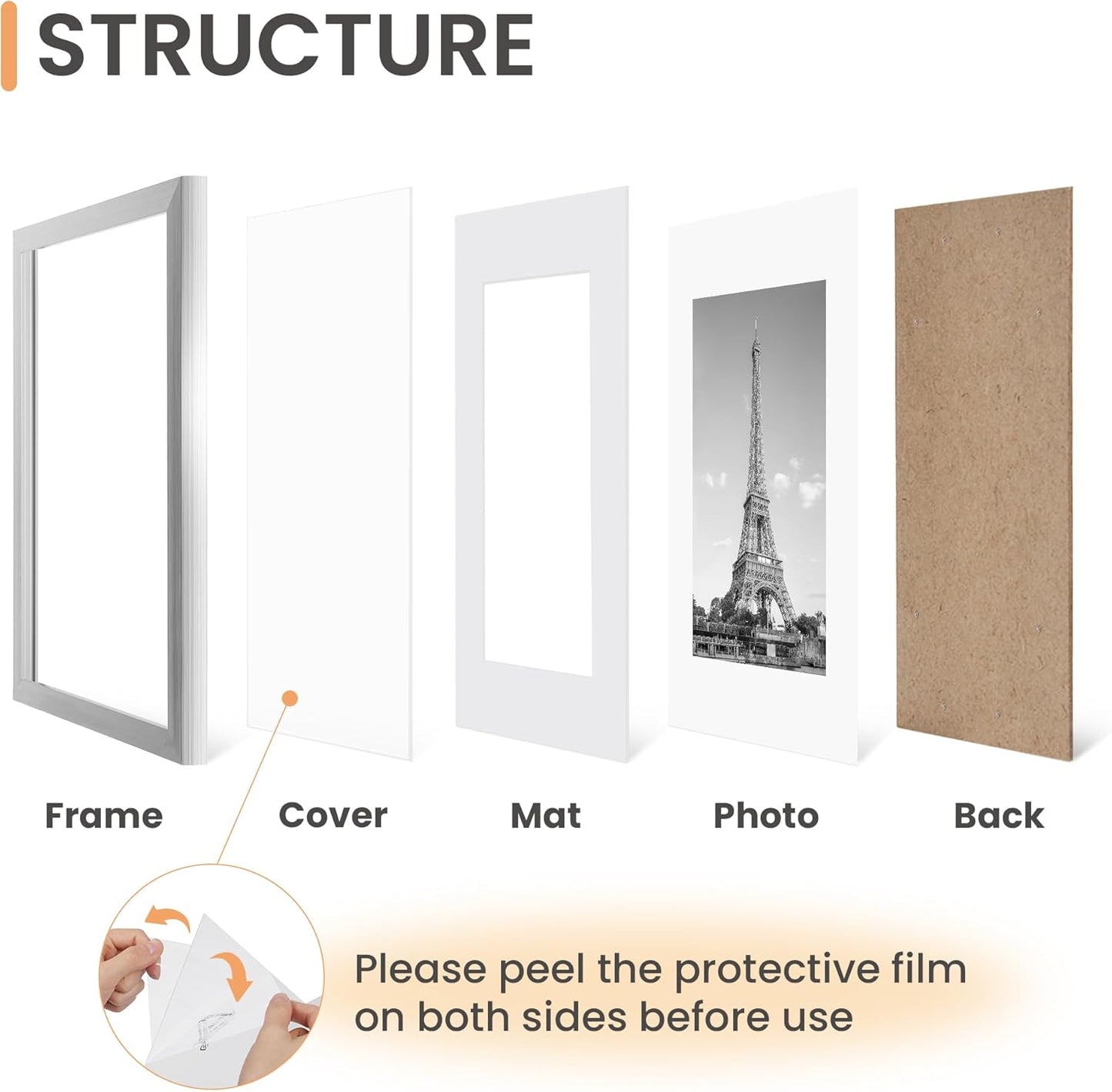 Upsimples 8x10 Picture Frame Set of 5 - Elegant Silver Frames for 5x7 or 8x10 Photos | Wall Gallery Display