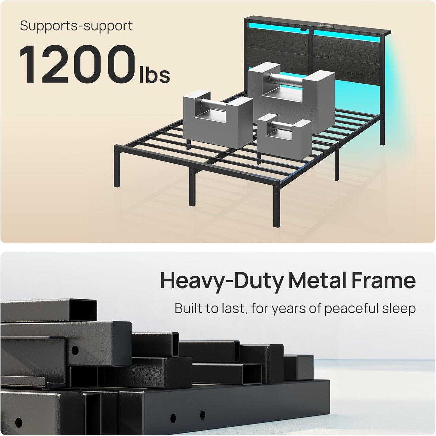 Rolanstar Queen Bed Frame - LED Headboard with Charging Station | Noise-Free, Black Oak Design