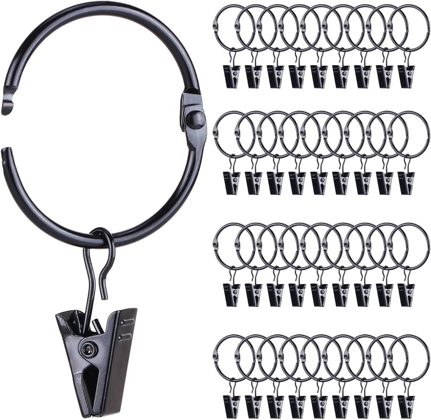 Skiennix 36-Pack Metal Curtain Rings - Openable Clips, Heavy Duty, Rustproof | 1.22" Diameter, Black