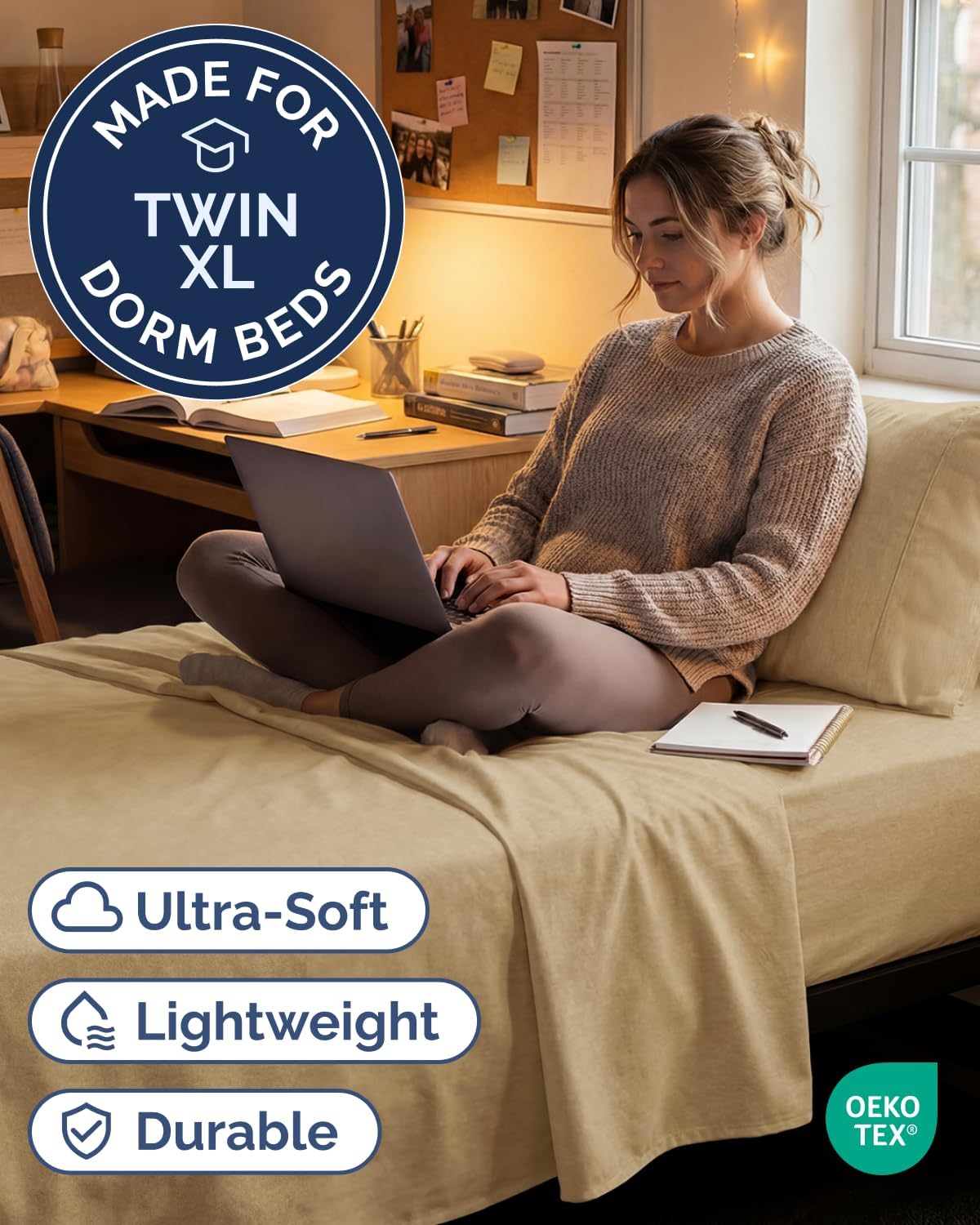 Skiennix Twin XL Sheet Set - Comfy Cooling Bed Sheets with Deep Pockets - Luxury Tan Bedding for All Ages