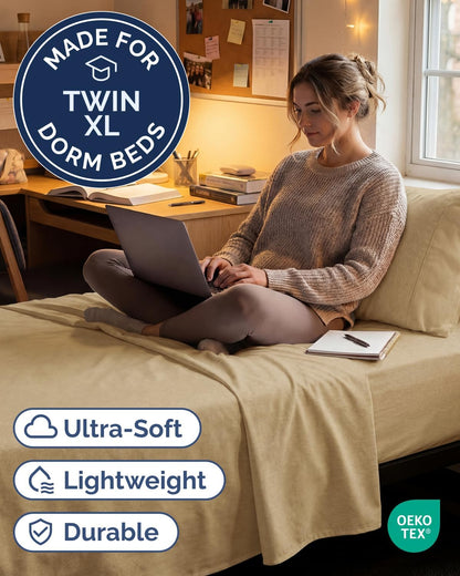 Skiennix Twin XL Sheet Set - Comfy Cooling Bed Sheets with Deep Pockets - Luxury Tan Bedding for All Ages