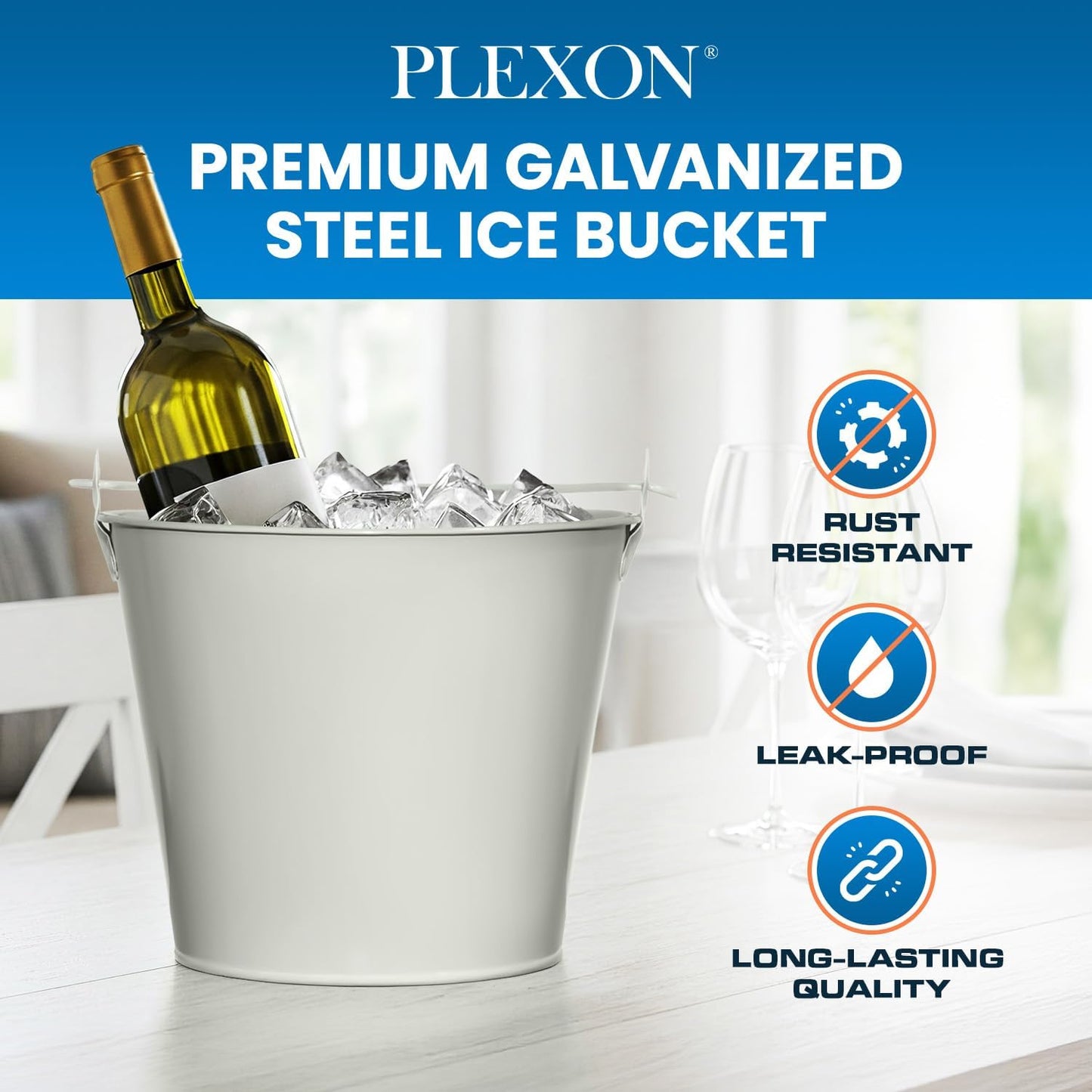 PLEXON Ice Bucket for Parties Coctail Bar Restaurant - Drink Beer Champagne Metal Pail Bucket with Handle, Beverage Chiller, Galvanized Steel, Set of 3