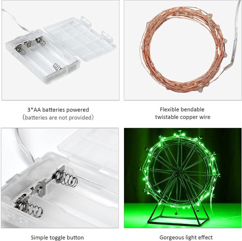 Ariceleo Mini Fairy Lights - Battery Operated Copper Wire String Lights | 2 Pack, 16ft Green for St. Patrick's Day & Decor