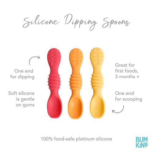 Bumkins Silicone Baby Utensil Set - Soft Tip Trainer Spoons for Self-Feeding | 3-Pack in Red & Yellow