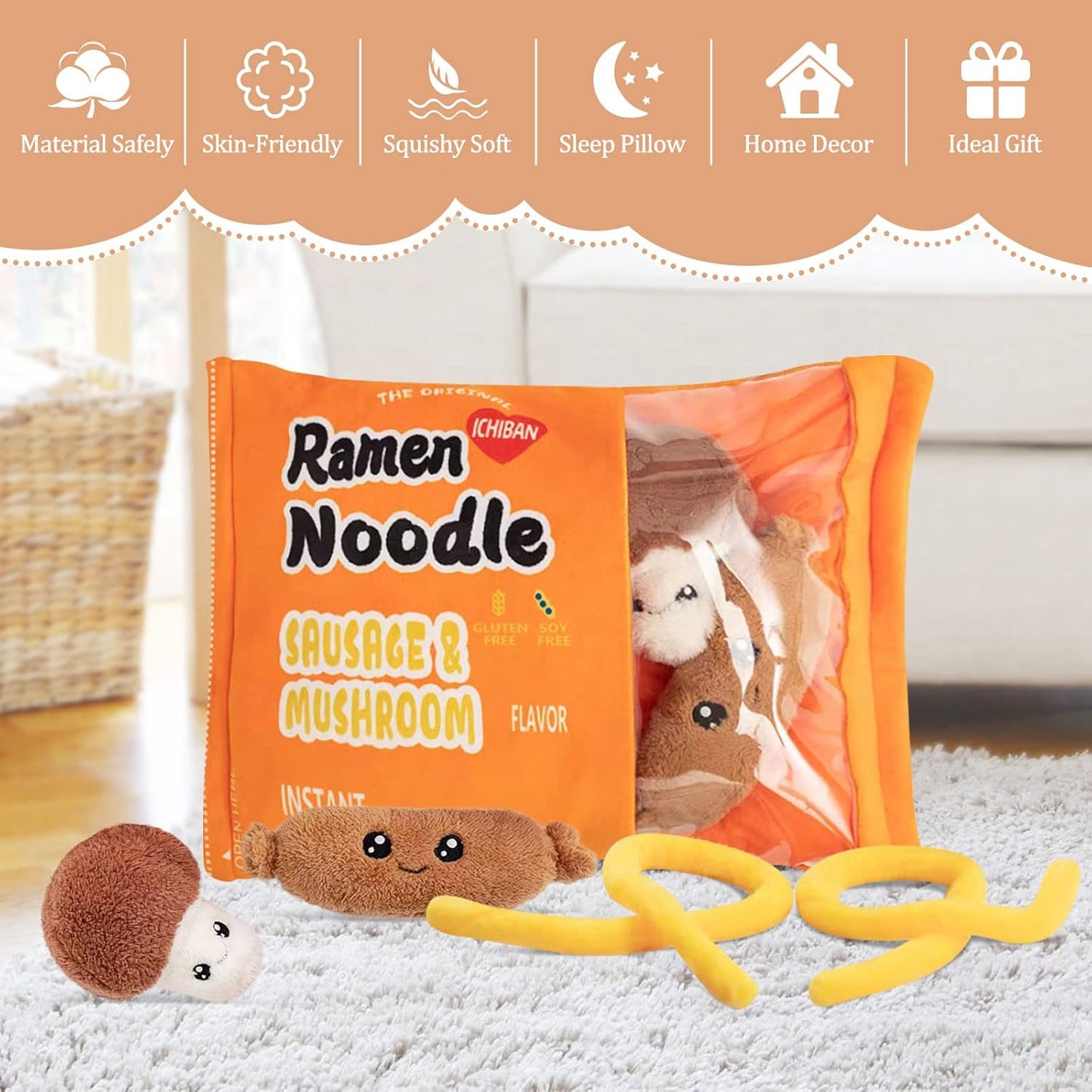 Nenalayo Plush Pillow - Cute Sausage Mushroom Ramen Noodle Plush Toy | Removable Fluffy Stuffed Doll for Kids
