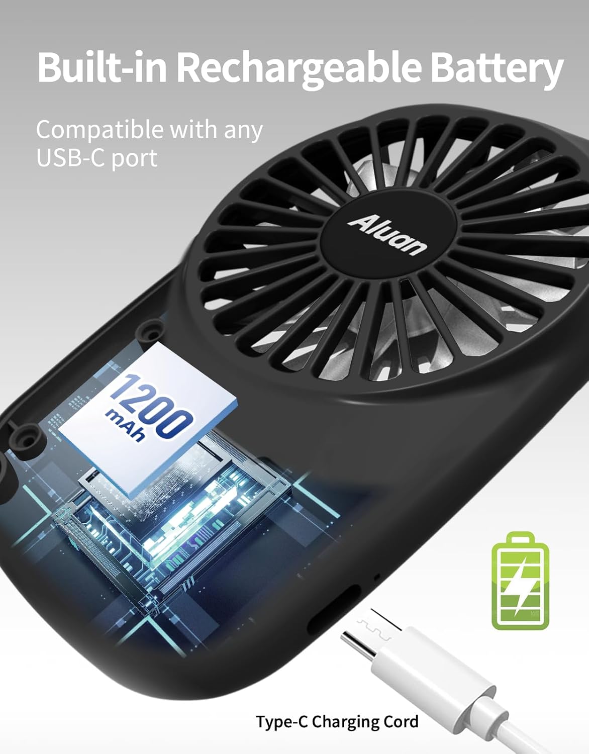 Aluan Handheld Mini Fan - Powerful USB Rechargeable Eyelash Fan for Kids & Adults | Black