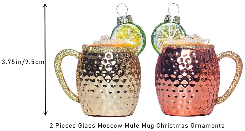 Set of 2 Glass Moscow Mule Ornament - Hand Painted Cocktail Christmas Decorations