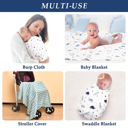 david's kids 4 Pack Baby Muslin Swaddle Blankets, 100% Cotton and Ultra Soft Breathable Receiving Blanket Wrap for Boys Girls, New Born Essentials, Large 47 x 47 inches, Dinosaur