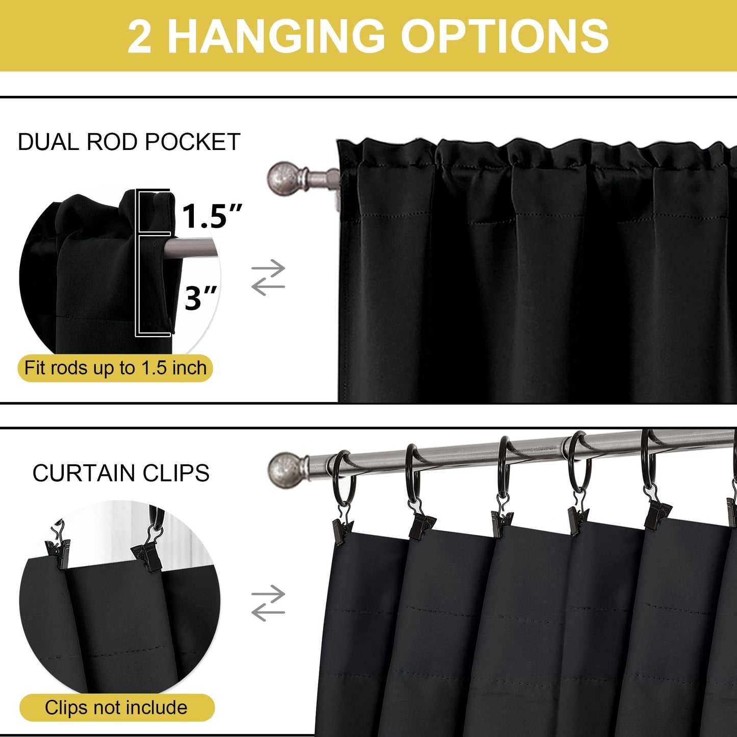 OWENIE Black Kitchen Curtains 36 Inch Length, Short Blackout Small Thermal Insulated Cafe Curtains Tier Over Sink Rod Pocket Half Window for Bathroom Bedroom Camper RV Bunk, 2 Panels, Each 30" Wx36 L