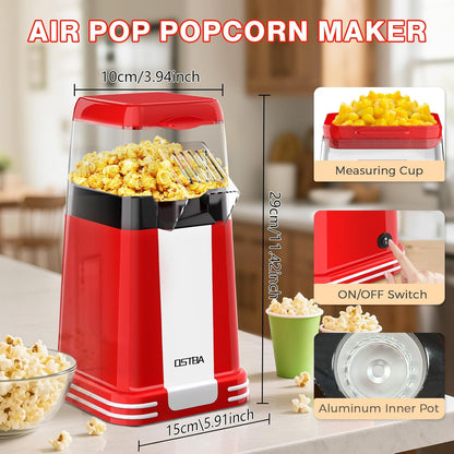 OSTBA Popcorn Maker - 1200W Mini Retro Air Popper | 12 Cups Oil-Free Electric Popcorn Machine with Butter Tray