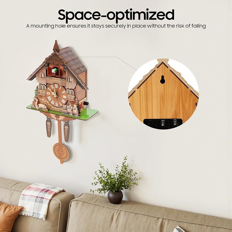 Wall Mounted Cuckoo Clock with Pendulum, Battery-Operated, Adjustable Volume