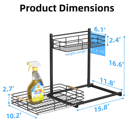 Delamu 2Pack Under Sink Organizer, Adjustable Height Under Sink Organizers and Storage, Metal Under Kitchen Sink Organizer, Under Sink Storage for Bathroom Cabinet, Undersink Organizers Kitchen, Black