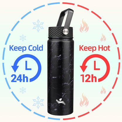 Skiennix 22oz Stainless Steel Water Bottle - Insulated with 3 Lids | Marble Midnight Finish