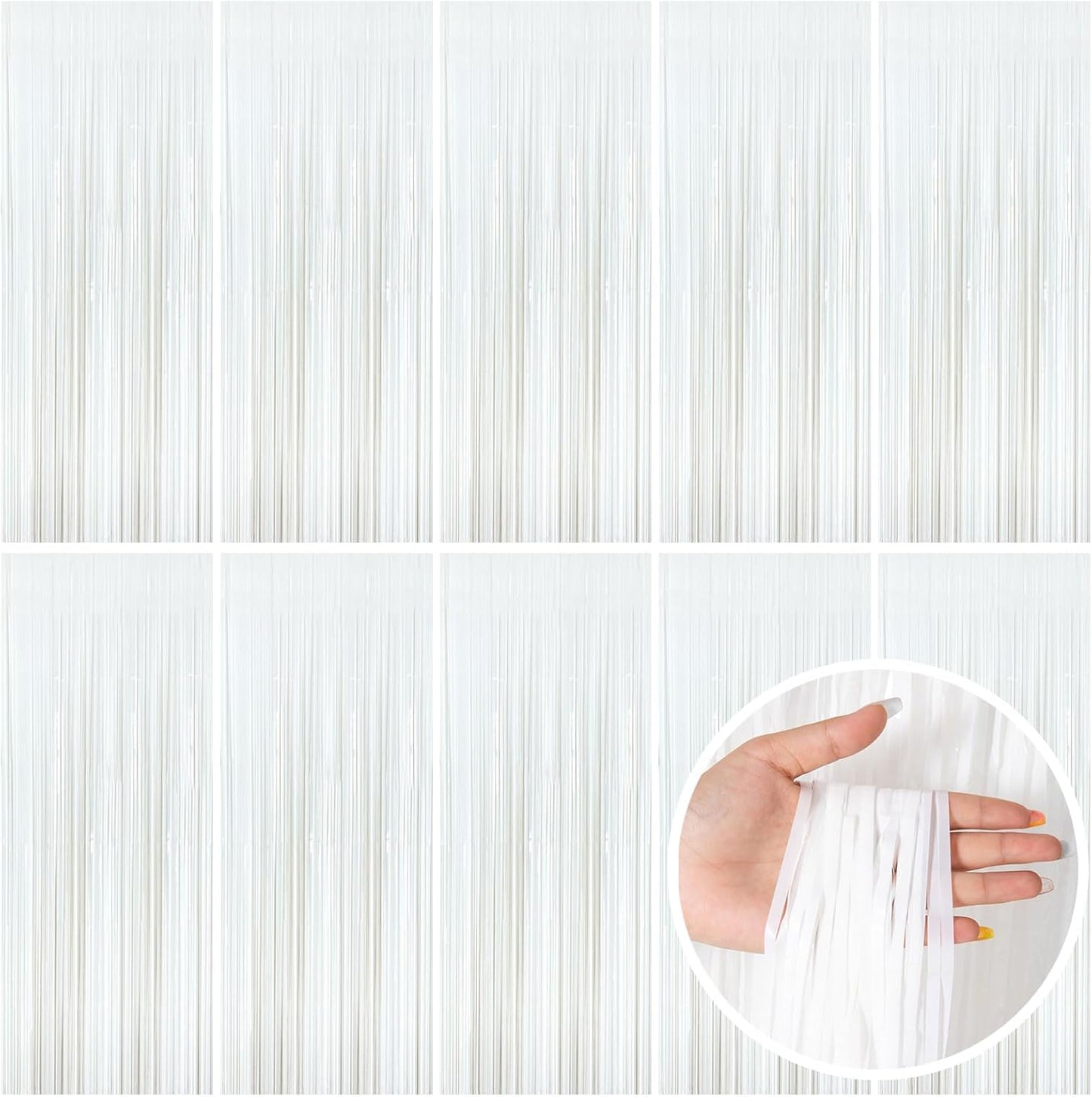 Skiennix White Foil Fringe Backdrop Curtains - Tinsel Streamers for Birthday & Graduation Decor
