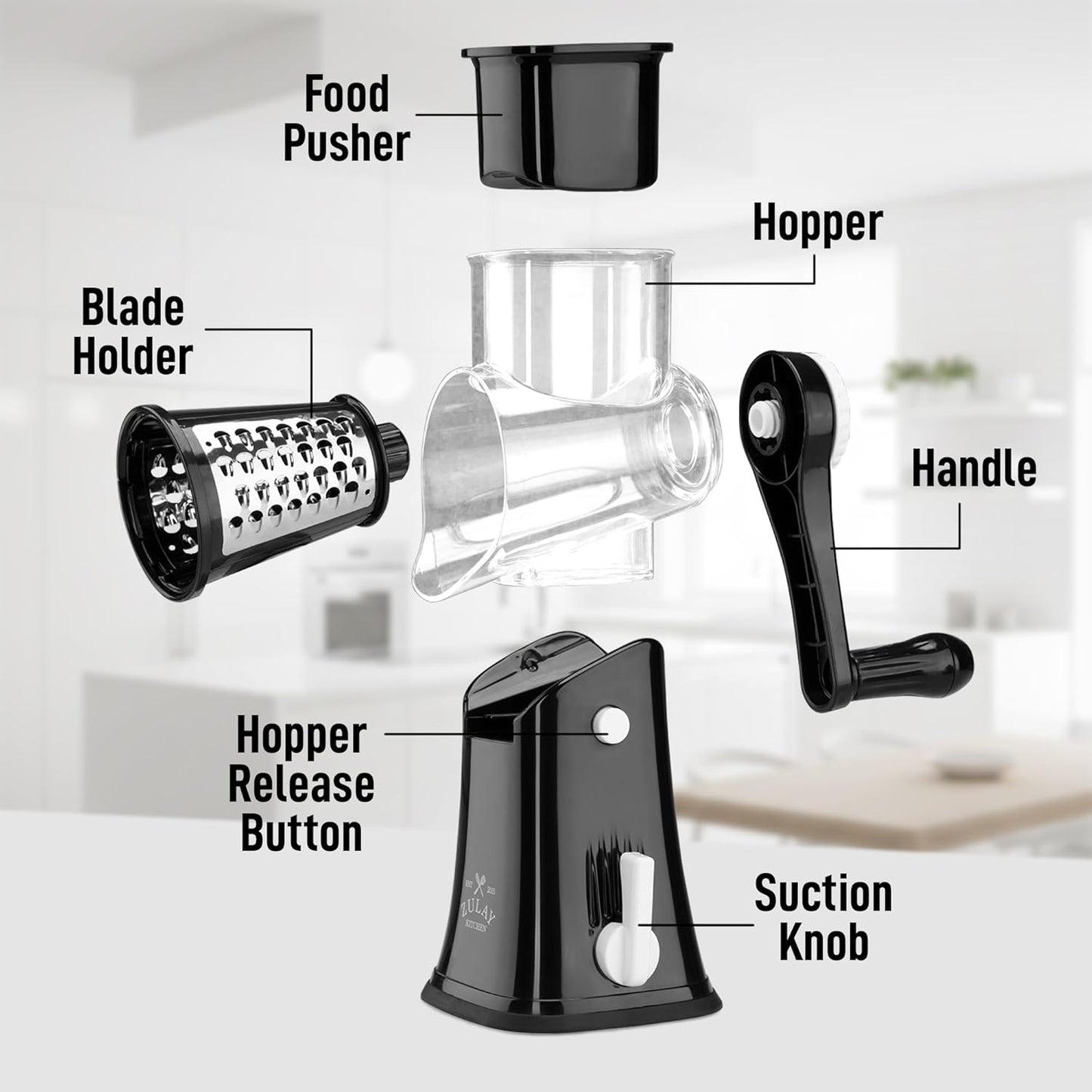 Zulay Kitchen Rotary Cheese Grater - 5 Blade Manual Hand Crank Shredder with Suction Base & Interchangeable Drums