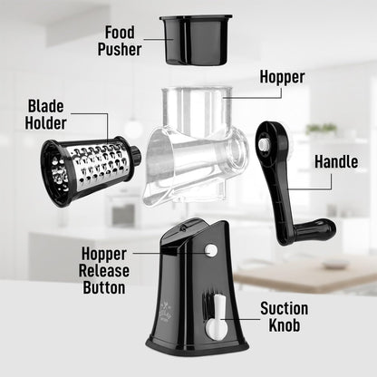 Zulay Kitchen Rotary Cheese Grater - 5 Blade Manual Hand Crank Shredder with Suction Base & Interchangeable Drums
