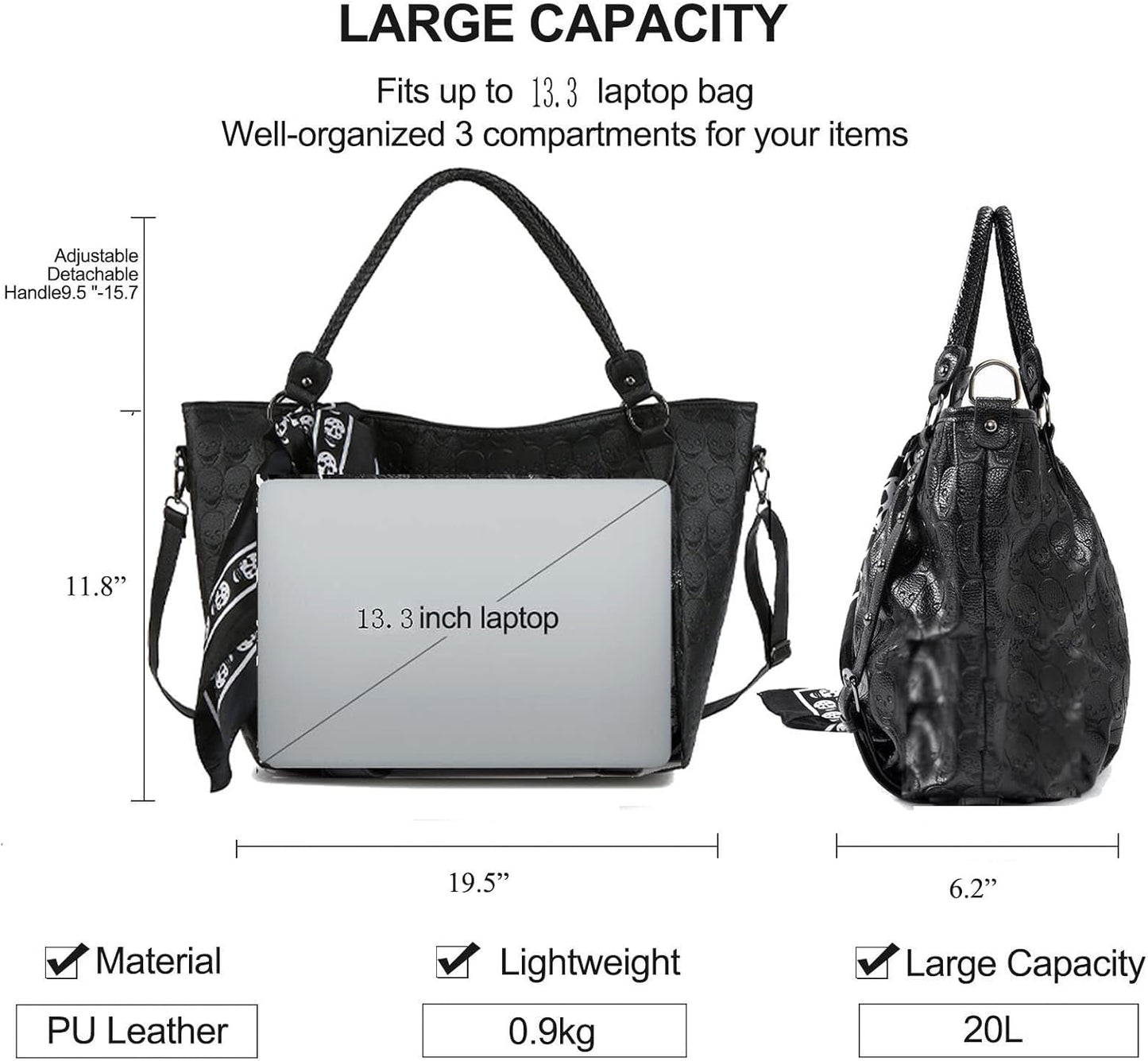 Zuoge Women’s Skull Tote Bag - Revit Studded PU Leather Handbag & Wallet Set with Scarf (3 Pcs)