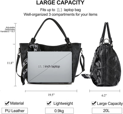 Zuoge Women’s Skull Tote Bag - Studded PU Leather Handbag with Purse & Scarf Set (3 Pieces)