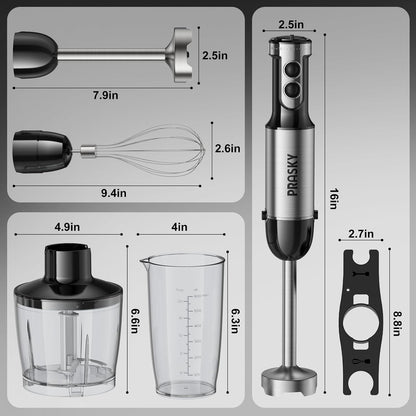 Skiennix Immersion Blender - 20-Speed Handheld Blender with Turbo Mode & Stainless Steel Blades | 600ml Beaker, 500ml Chopper (Silver)