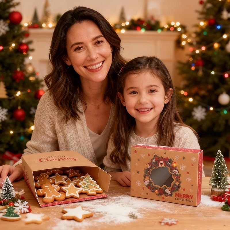 12-Pack Christmas Cookie Boxes with Window, Kraft Treat Tins with Ribbons & Tags