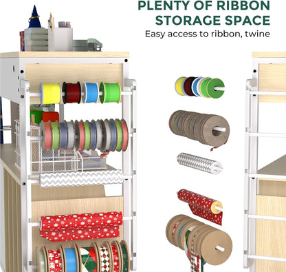 Skiennix Wrapping Paper Organizer - Stylish Craft Cart with Ribbon & Gift Bag Storage | Oak Finish, 3 Drawers