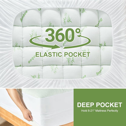 Skiennix Queen Size Mattress Topper - Soft Bamboo Viscose Pillow Top for Back Pain Relief | Cooling Protector, White