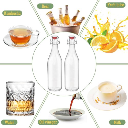 6 Pack [1 Liter / 33 fl. oz.] Swing Top Glass Bottles – Airtight Flip Top Brewing Bottles for Kombucha, Beer, Wine, Kefir, Soda, Liquor – Includes Funnel, 2 Pourers, 6+6 Seals, 6 Labels & Jute Twine