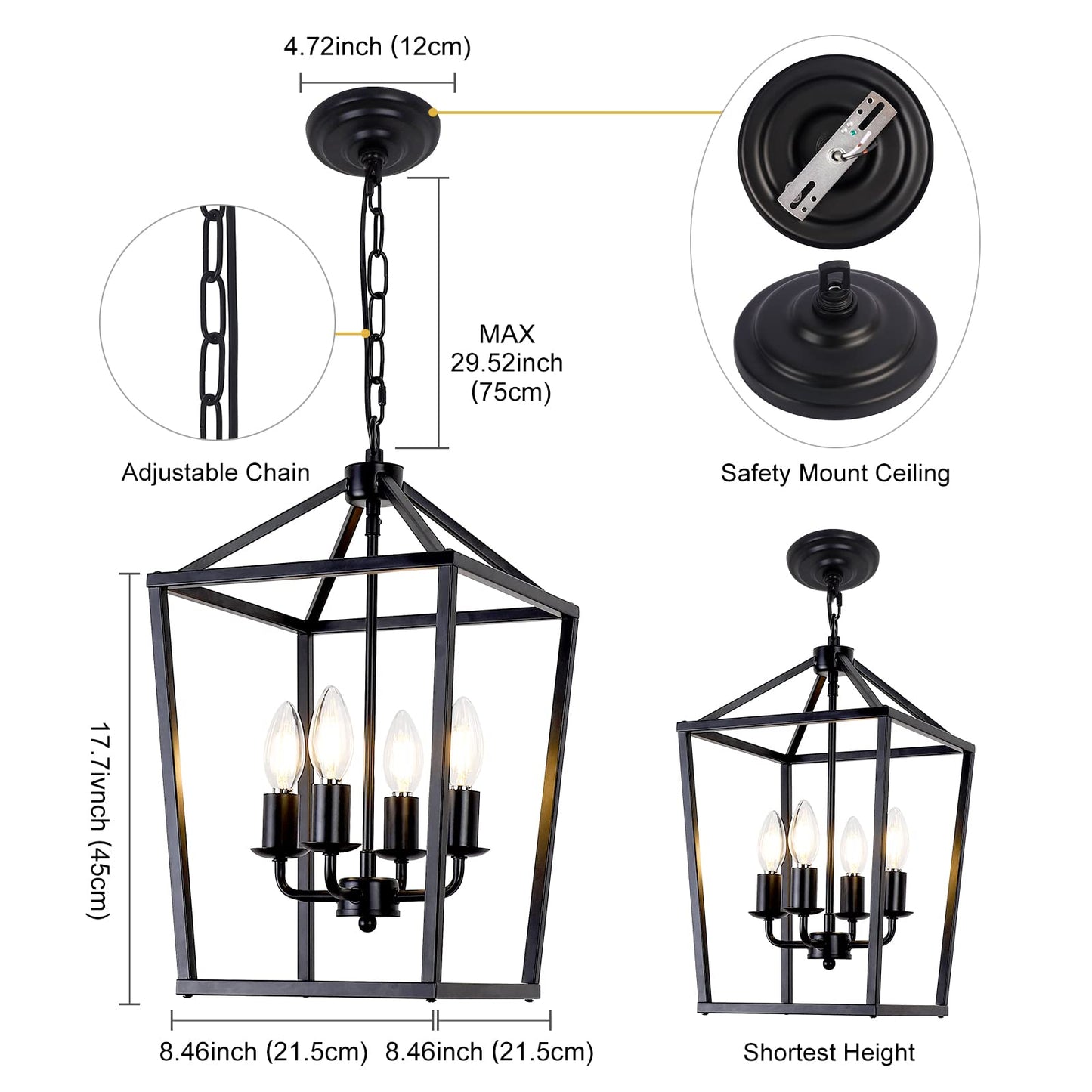 PAKOKULA 4-Light Black Farmhouse Chandelier Iron Lantern Pendant Light Rustic Cage Hanging Light Fixtures Industrial Foyer Lights for Kitchen Island Dining Room Hallway Foyer Entryway
