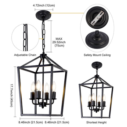 PAKOKULA 4-Light Black Farmhouse Chandelier Iron Lantern Pendant Light Rustic Cage Hanging Light Fixtures Industrial Foyer Lights for Kitchen Island Dining Room Hallway Foyer Entryway